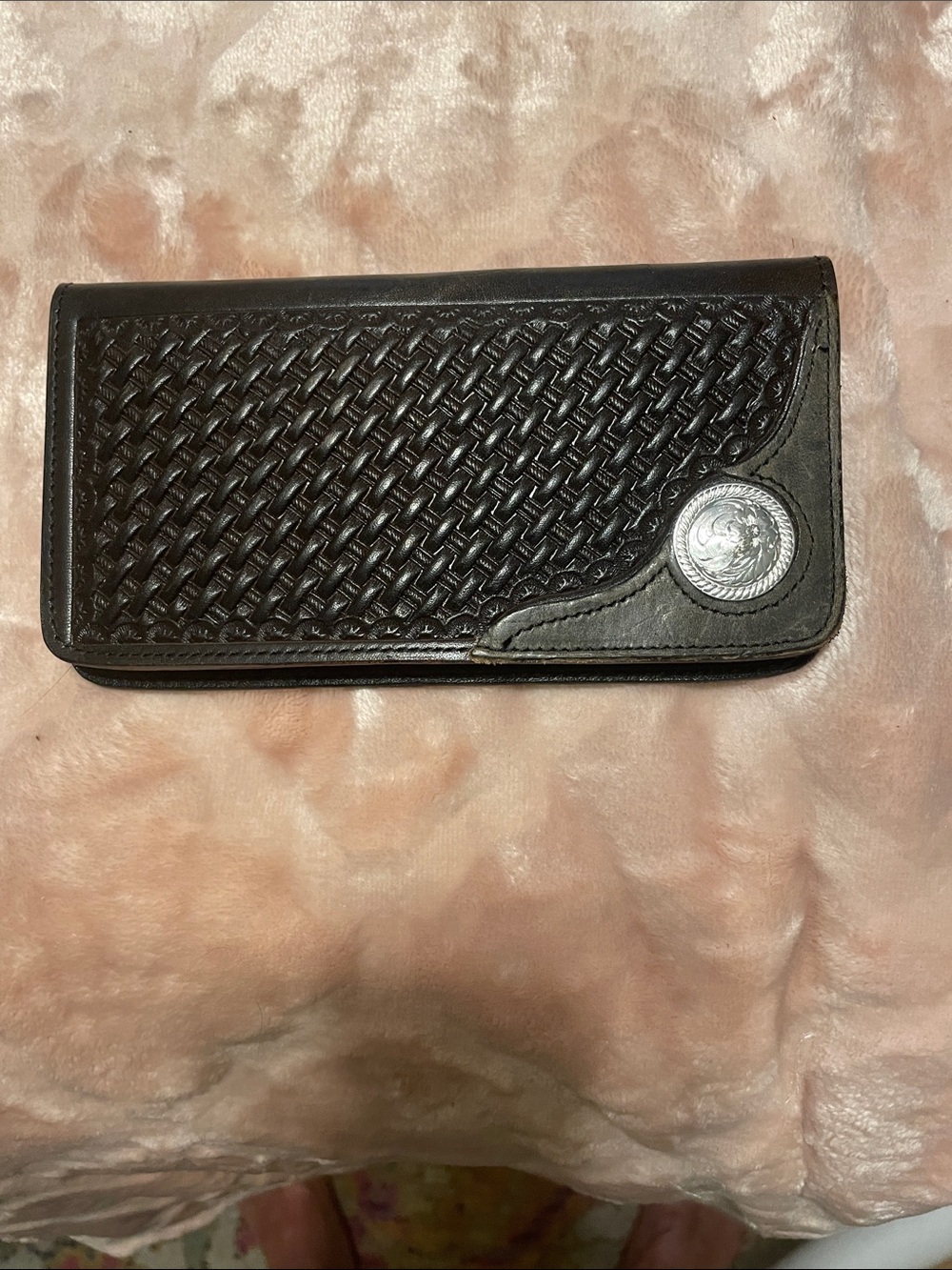Men's Black Woven Leather Wallet with Silver Accent